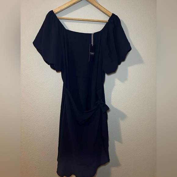 SAMPEEL Women's Summer Dress – Square Neck Puff Sleeve Tie Waist Short, Blue XXL - Picture 2 of 6